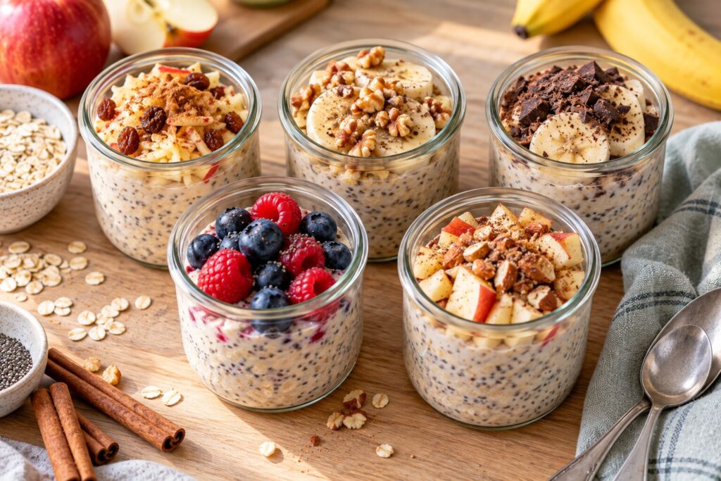 Overnight oats recept in vijf varianten in glazen potjes