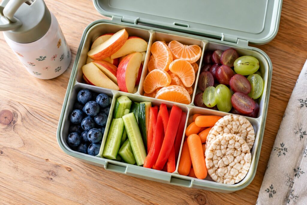 Gezonde tussendoortjes voor kinderen in een broodtrommel met fruit, komkommer en paprika